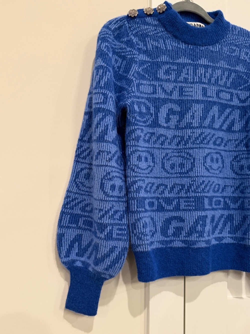 GANNI Alpaca and Merino Wool Jaquard Logo Button Sweater in Blue NWT's Sz Small - Picture 6 of 17